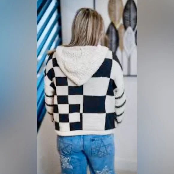 NWOT Mello Brand Hooded Checkered Sweater Sz L - Picture 14 of 16